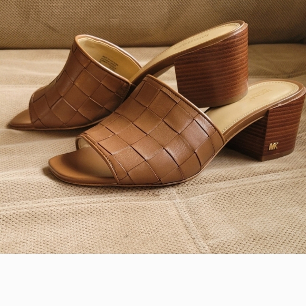 Michael Kors Tan Woven Leather Block Heel Mules